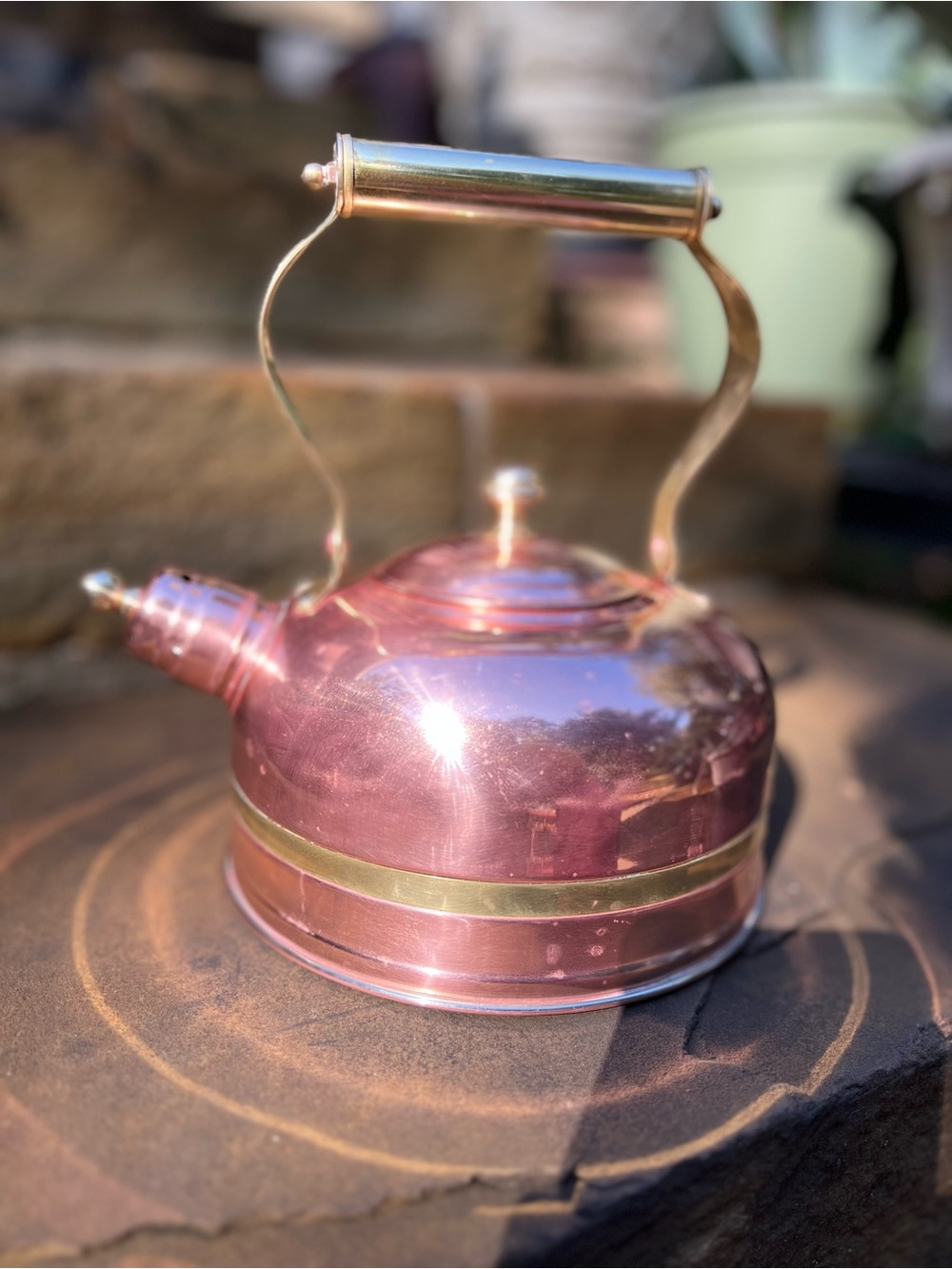 Vintage Polished Copper & Brass Tea Kettle Stovetop Whistling Tea Pot 8.5"